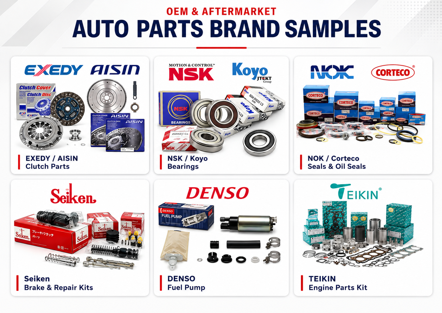 包括EXEDY、AISIN、NSK、Koyo、NOK、Corteco、Seiken、DENSO和TEIKIN在内的OEM及售后汽车零部件品牌样品